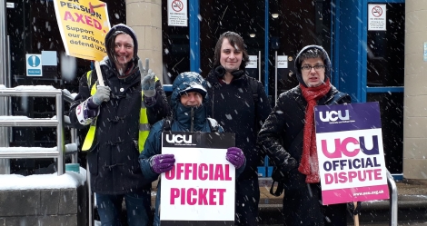 Me and three colleagues standing on the picket line in the snow
